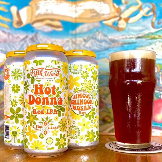 Hot Donna Red IPA in cans and pint glass.