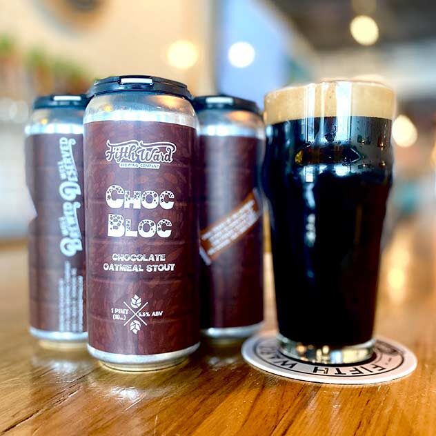 CHOC BLOC stout in cans and pint glass.